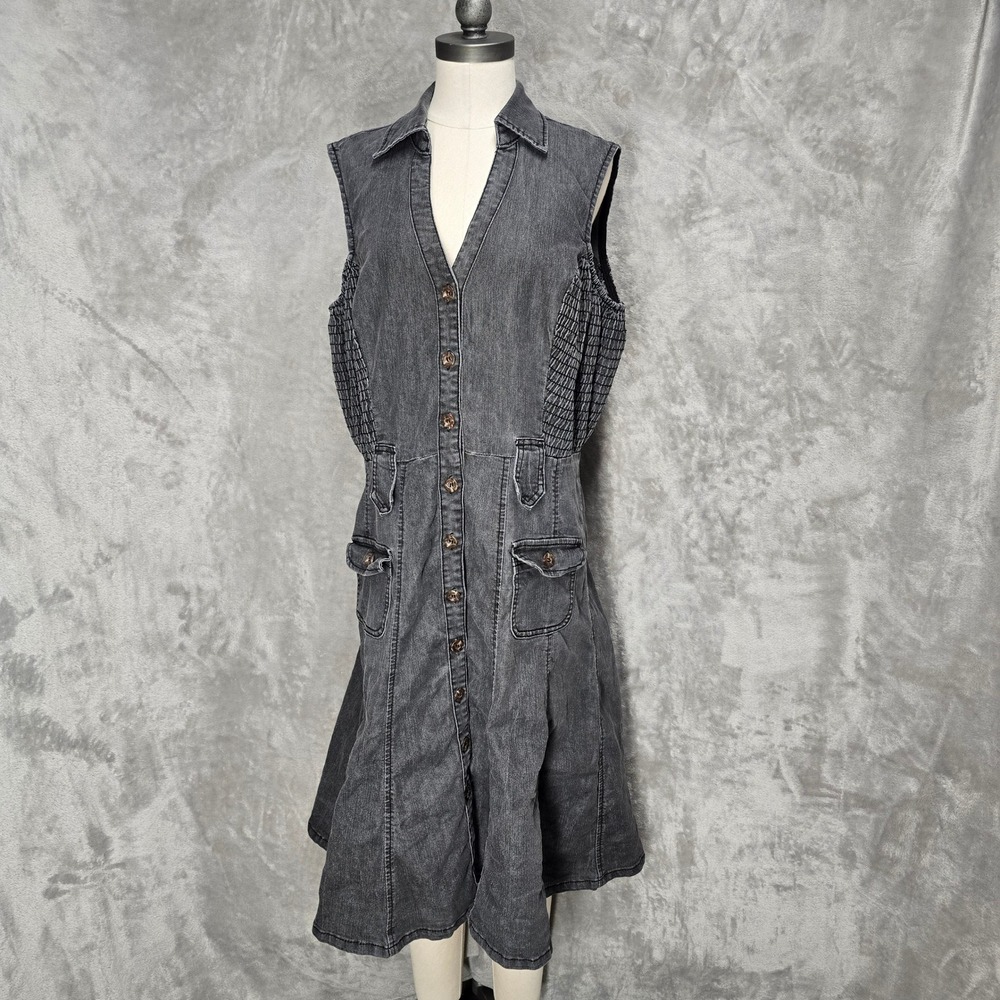 Boom Boom Jeans Dress Womens 1X Gray Denim Sleeveless Button Front Smocked Y2K